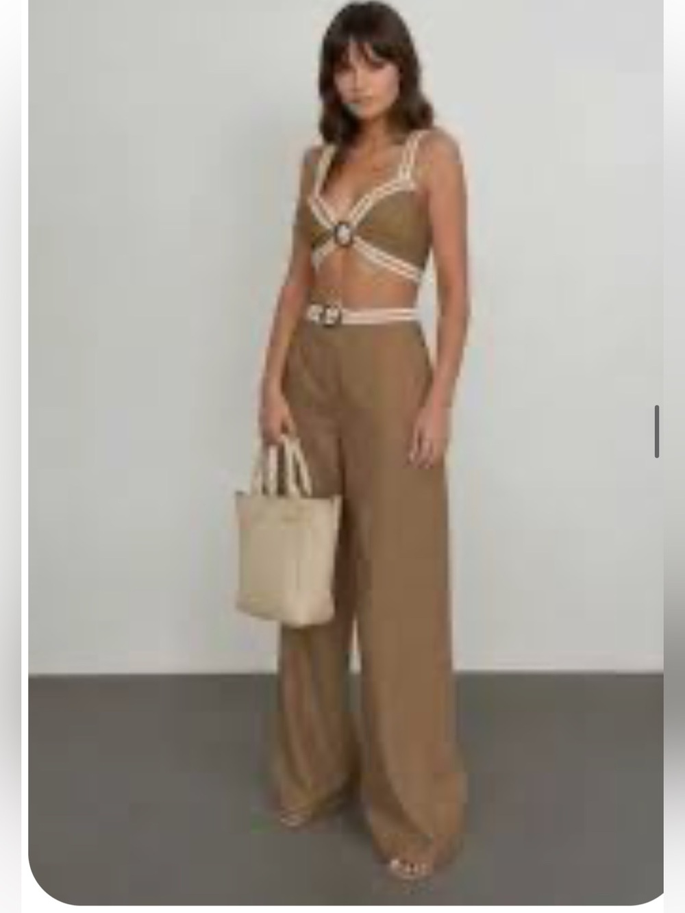 Two Piece Solea Set Bralette Top and Wide Leg Pants in Tan size Med